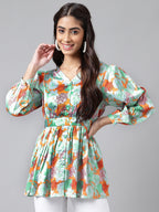 Janasya Women's Orange Satin Digital Floral Printed Casual Peplum Top