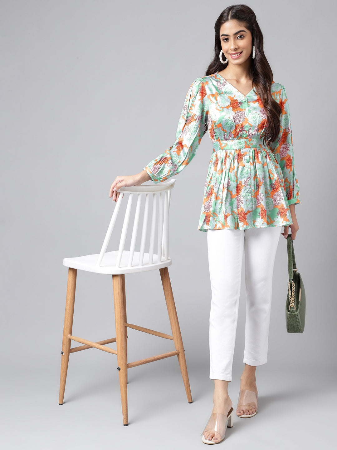 Janasya Women's Orange Satin Digital Floral Printed Casual Peplum Top