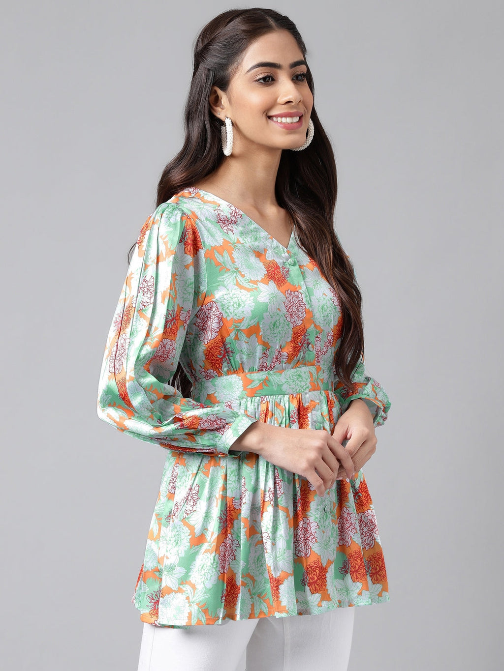 Janasya Women's Orange Satin Digital Floral Printed Casual Peplum Top