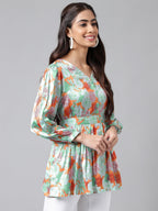 Janasya Women's Orange Satin Digital Floral Printed Casual Peplum Top