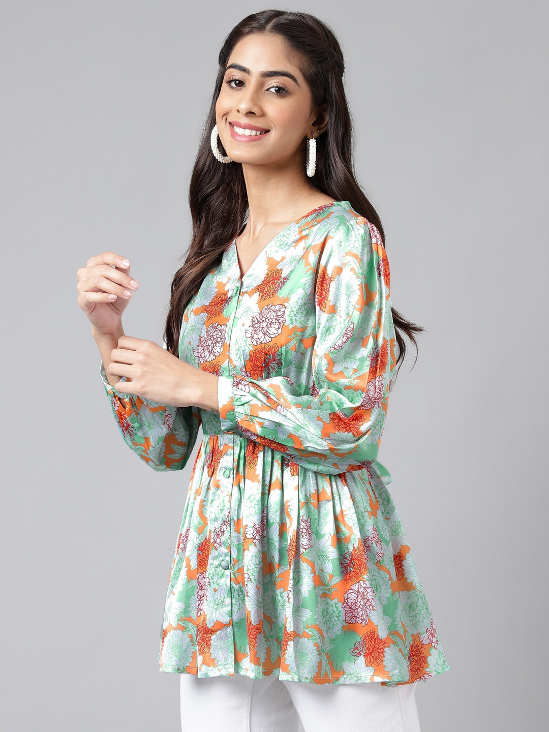 Janasya Women's Orange Satin Digital Floral Printed Casual Peplum Top