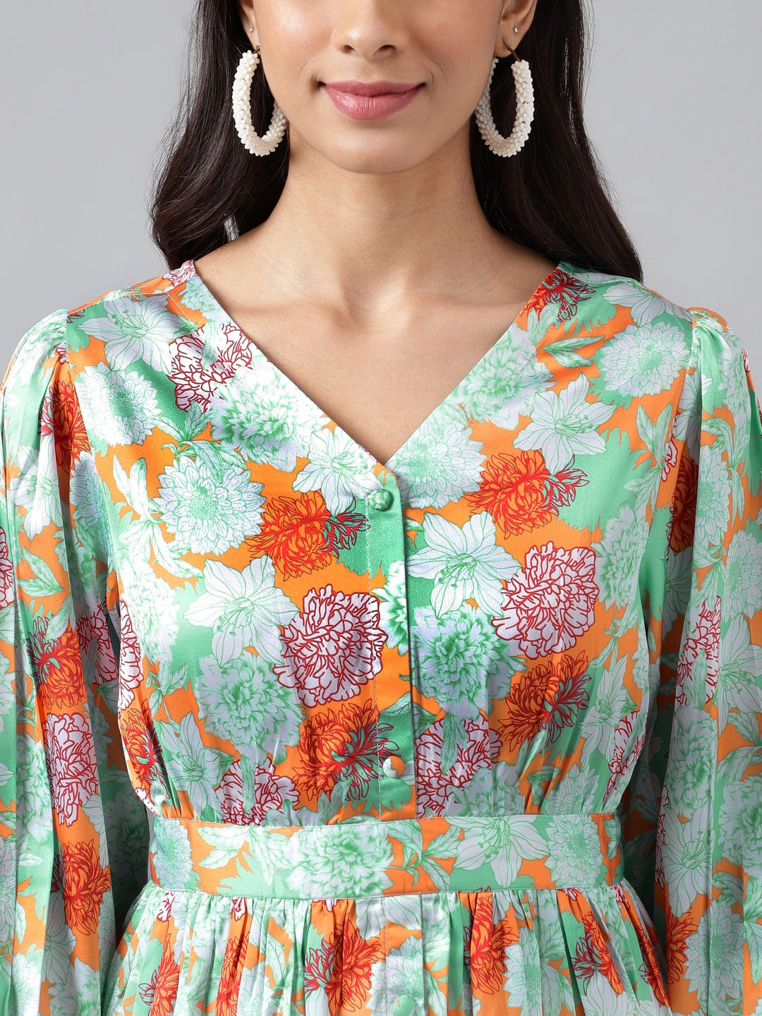 Janasya Women's Orange Satin Digital Floral Printed Casual Peplum Top