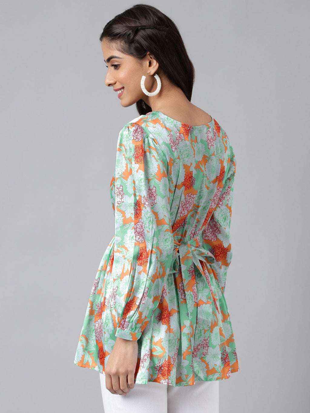 Janasya Women's Orange Satin Digital Floral Printed Casual Peplum Top