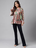 Janasya Women's Pink Satin Digital Floral Printed Casual Flared Top