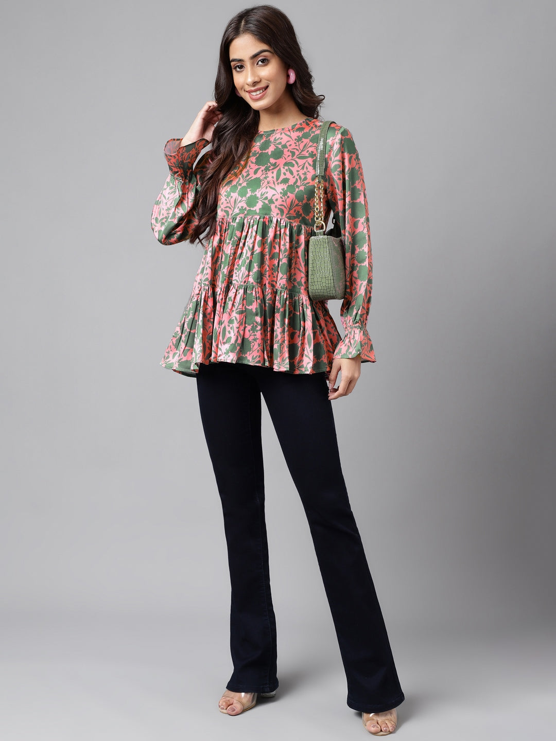 Janasya Women's Pink Satin Digital Floral Printed Casual Flared Top