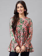 Janasya Women's Pink Satin Digital Floral Printed Casual Flared Top