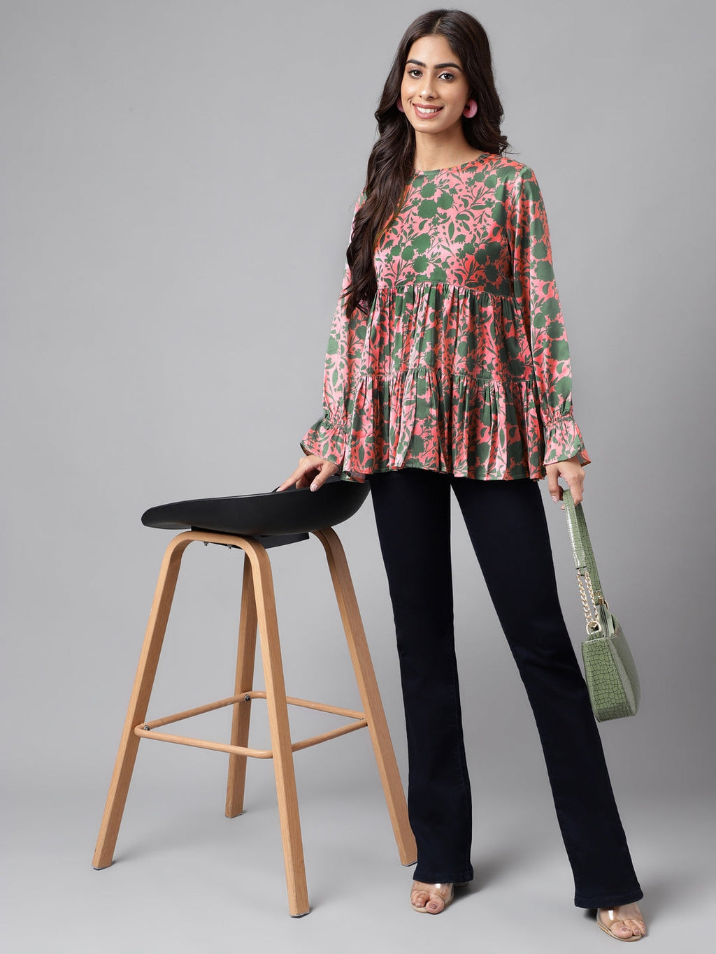 Janasya Women's Pink Satin Digital Floral Printed Casual Flared Top