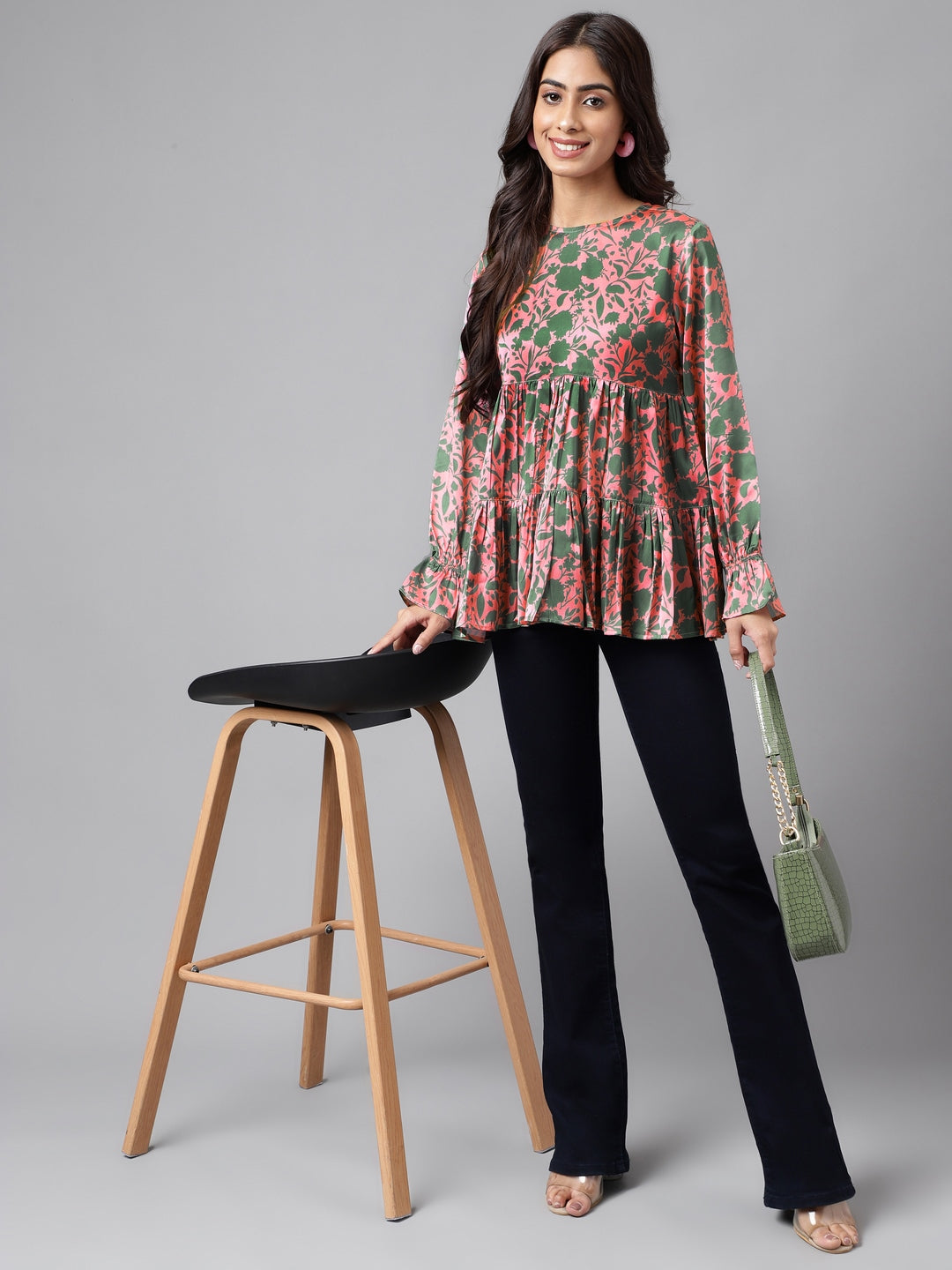 Janasya Women's Pink Satin Digital Floral Printed Casual Flared Top