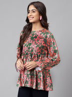 Janasya Women's Pink Satin Digital Floral Printed Casual Flared Top