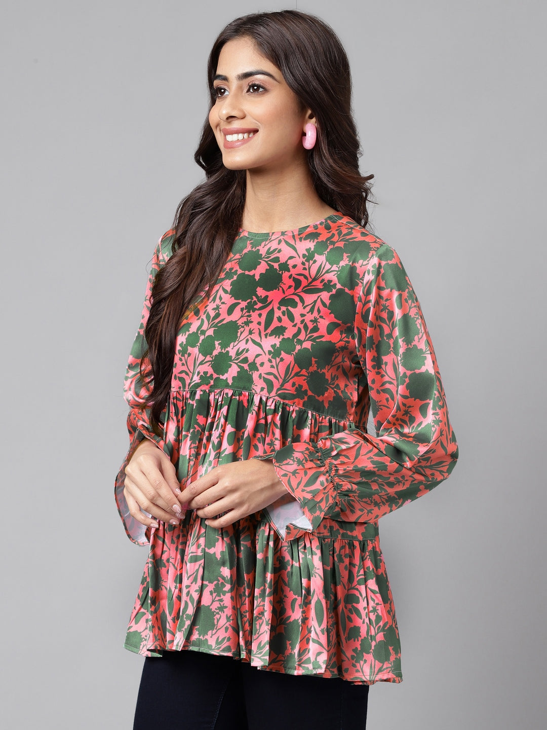 Janasya Women's Pink Satin Digital Floral Printed Casual Flared Top