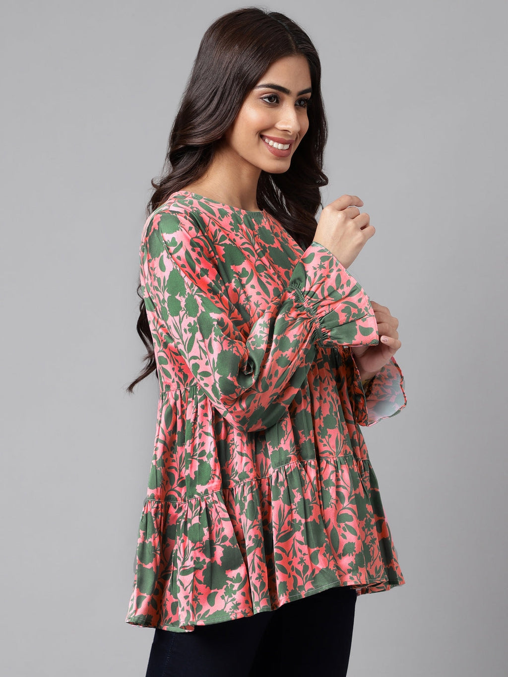 Janasya Women's Pink Satin Digital Floral Printed Casual Flared Top