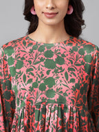 Janasya Women's Pink Satin Digital Floral Printed Casual Flared Top