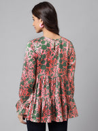 Janasya Women's Pink Satin Digital Floral Printed Casual Flared Top