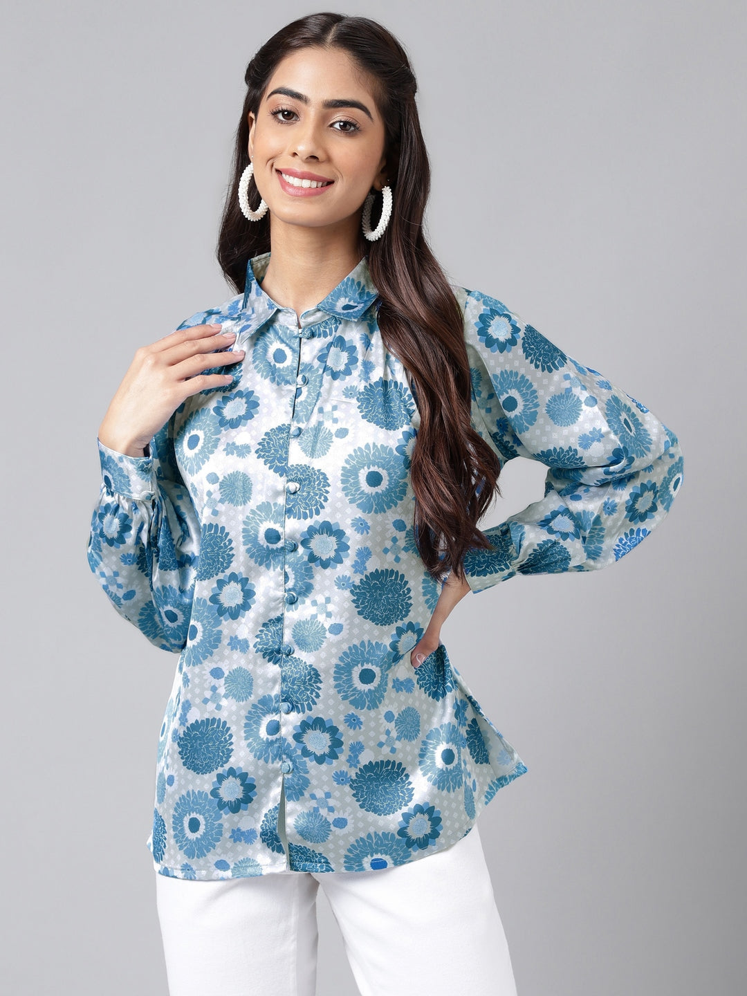 Janasya Women's Grey Satin Digital Floral Printed Casual Shirt Style Top