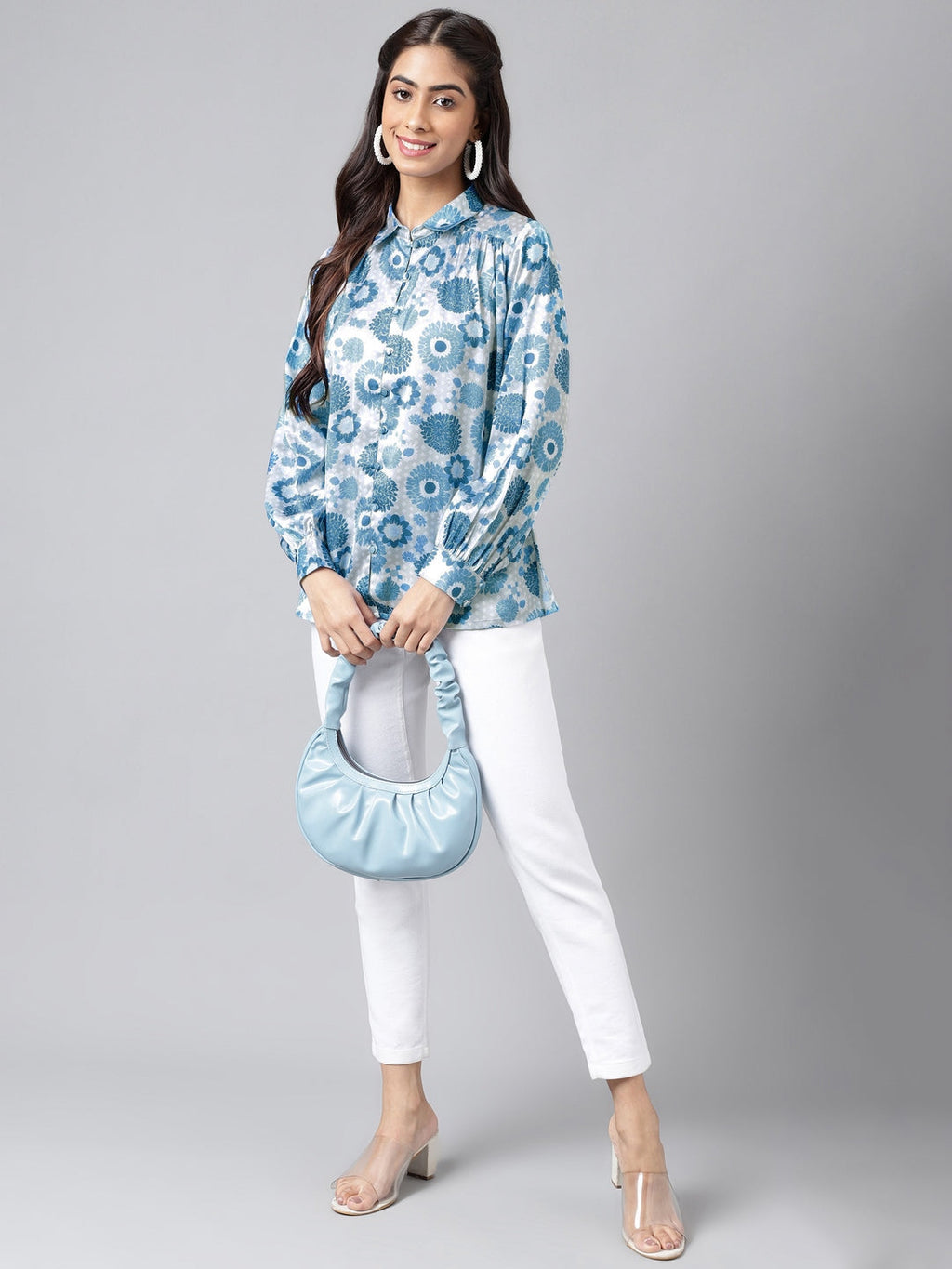 Janasya Women's Grey Satin Digital Floral Printed Casual Shirt Style Top