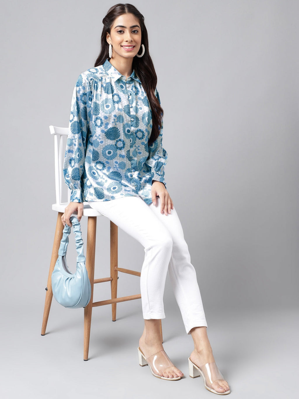 Janasya Women's Grey Satin Digital Floral Printed Casual Shirt Style Top