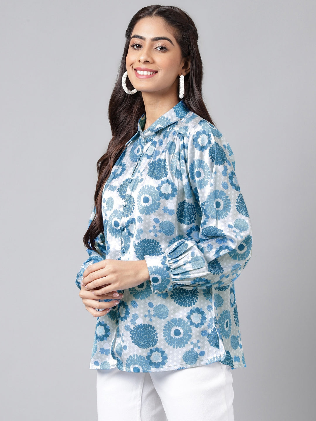 Janasya Women's Grey Satin Digital Floral Printed Casual Shirt Style Top