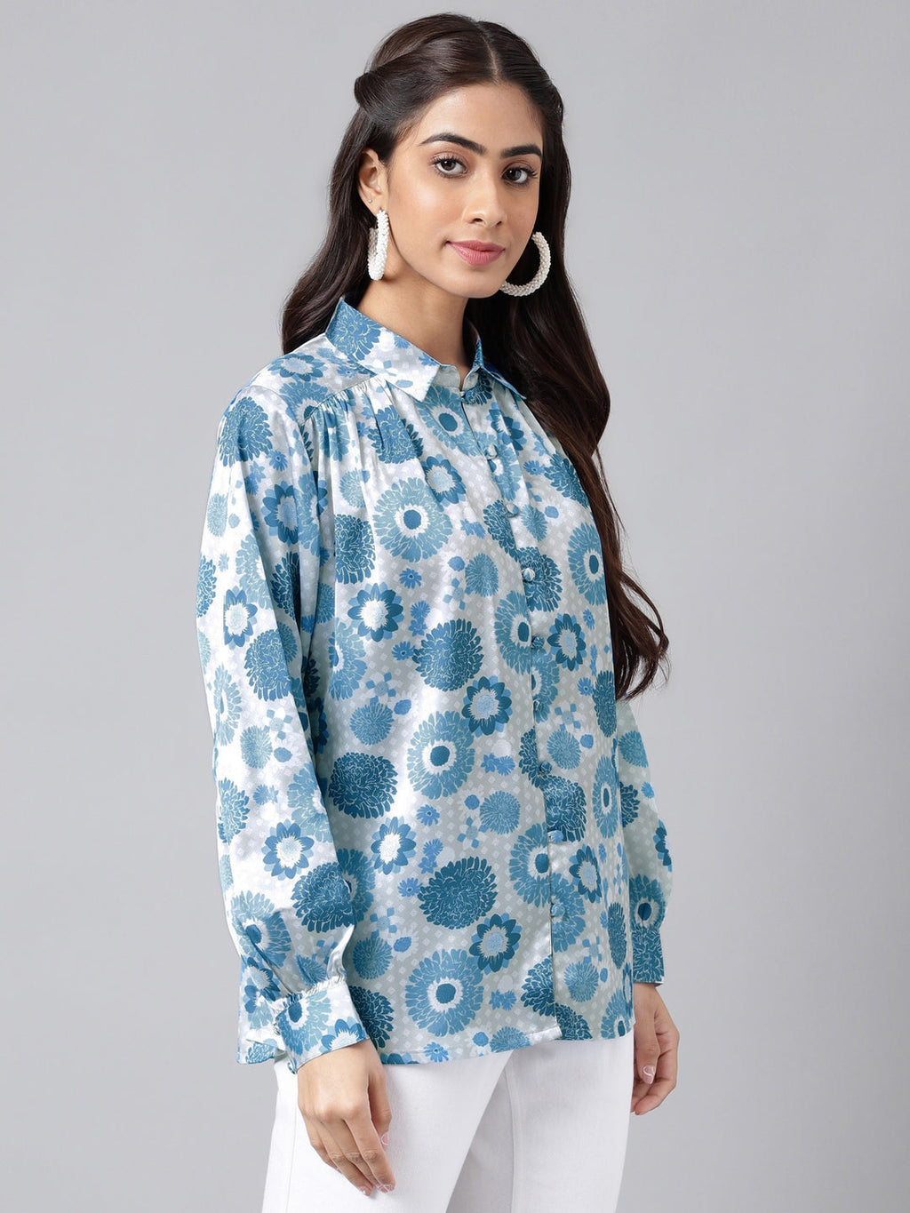 Janasya Women's Grey Satin Digital Floral Printed Casual Shirt Style Top