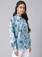 Janasya Women's Grey Satin Digital Floral Printed Casual Shirt Style Top