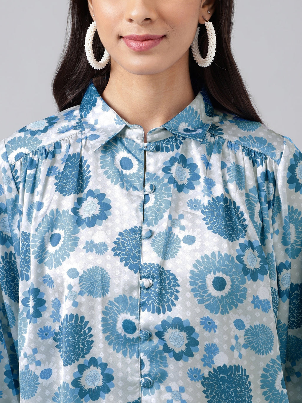 Janasya Women's Grey Satin Digital Floral Printed Casual Shirt Style Top