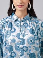 Janasya Women's Grey Satin Digital Floral Printed Casual Shirt Style Top