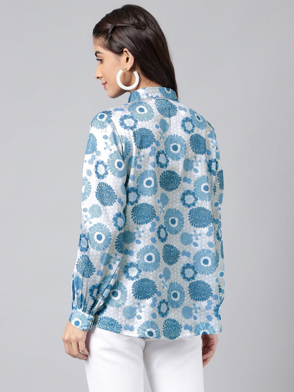 Janasya Women's Grey Satin Digital Floral Printed Casual Shirt Style Top