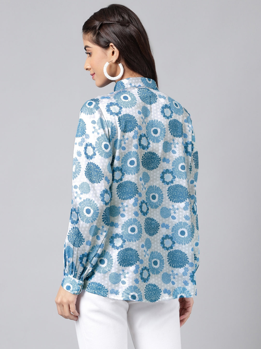 Janasya Women's Grey Satin Digital Floral Printed Casual Shirt Style Top