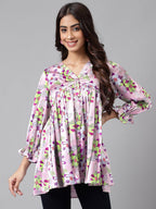 Janasya Women's Lavender Satin Digital Floral Printed Casual Flared Top
