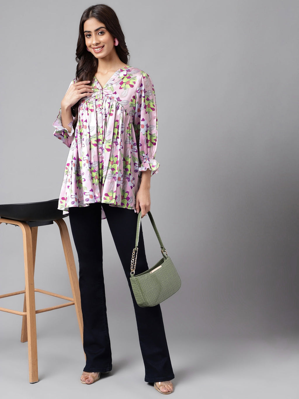 Janasya Women's Lavender Satin Digital Floral Printed Casual Flared Top