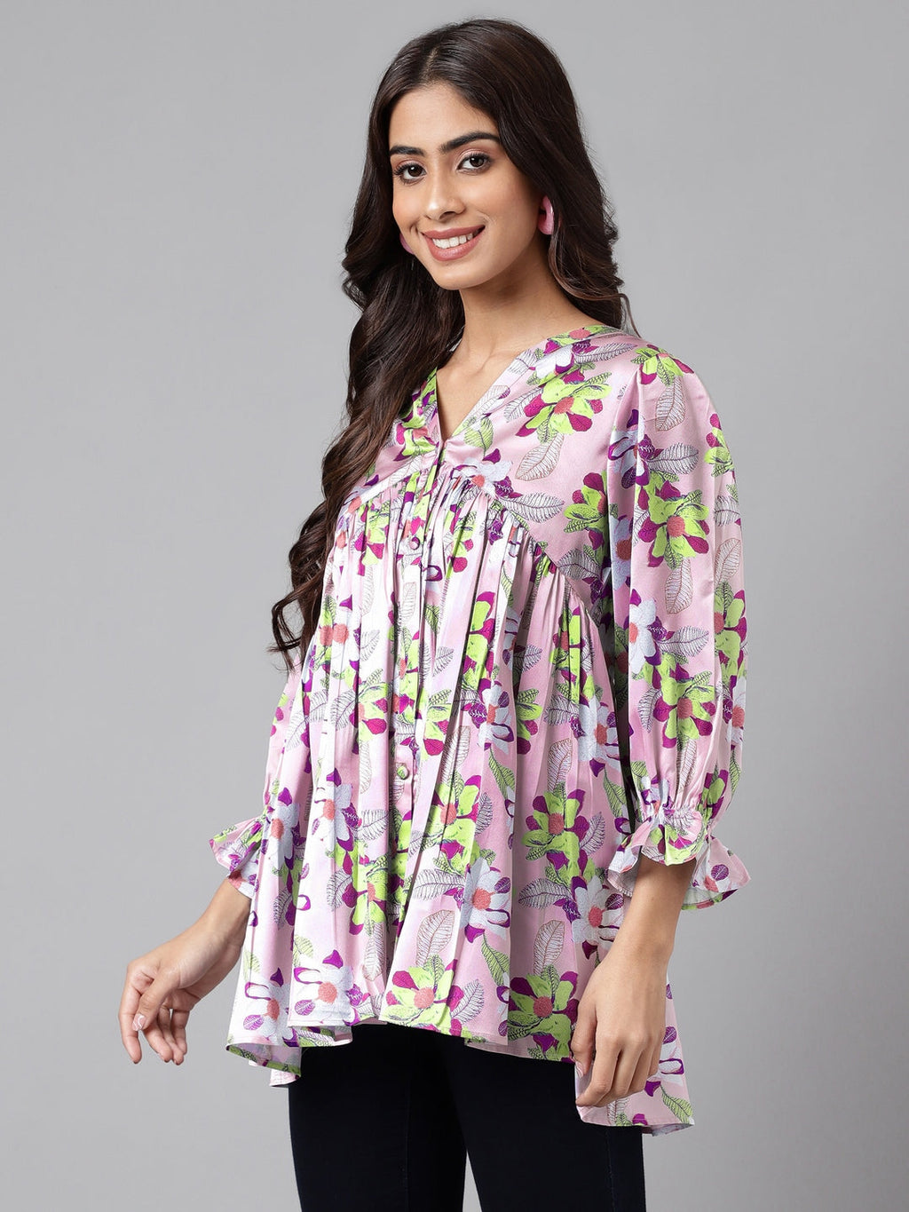Janasya Women's Lavender Satin Digital Floral Printed Casual Flared Top
