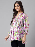 Janasya Women's Lavender Satin Digital Floral Printed Casual Flared Top