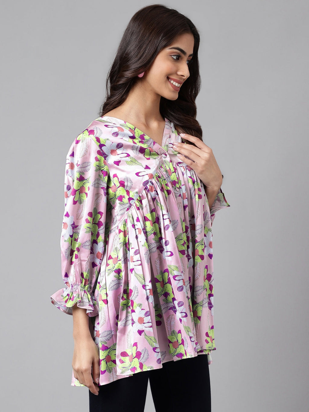 Janasya Women's Lavender Satin Digital Floral Printed Casual Flared Top