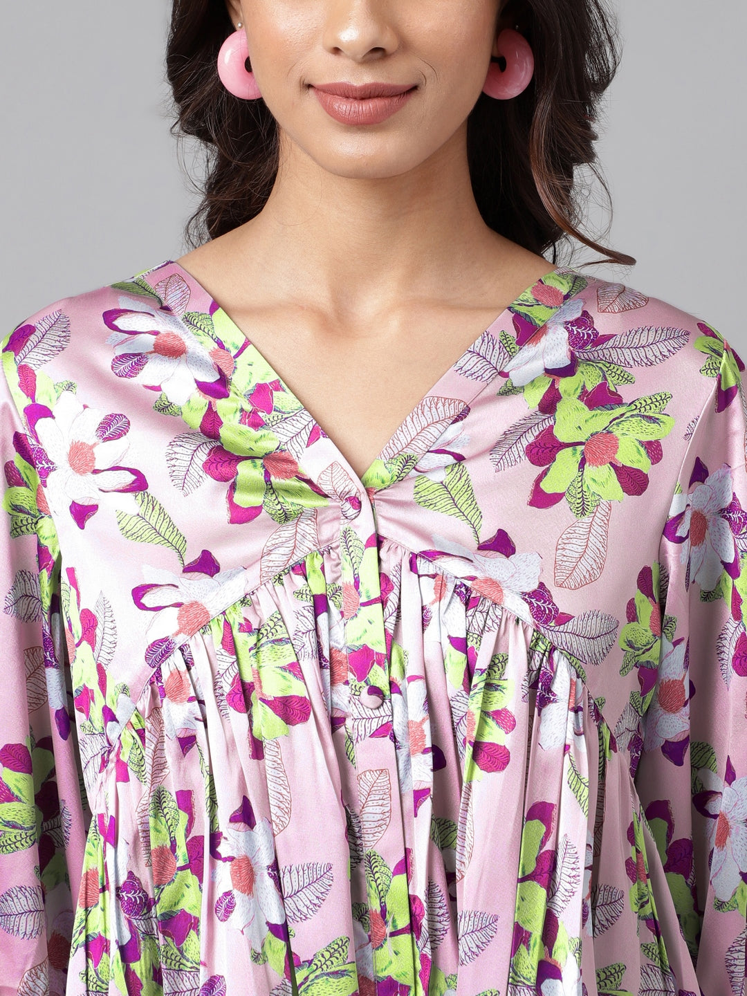 Janasya Women's Orange Satin Digital Floral Printed Casual Peplum Top
