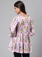 Janasya Women's Lavender Satin Digital Floral Printed Casual Flared Top