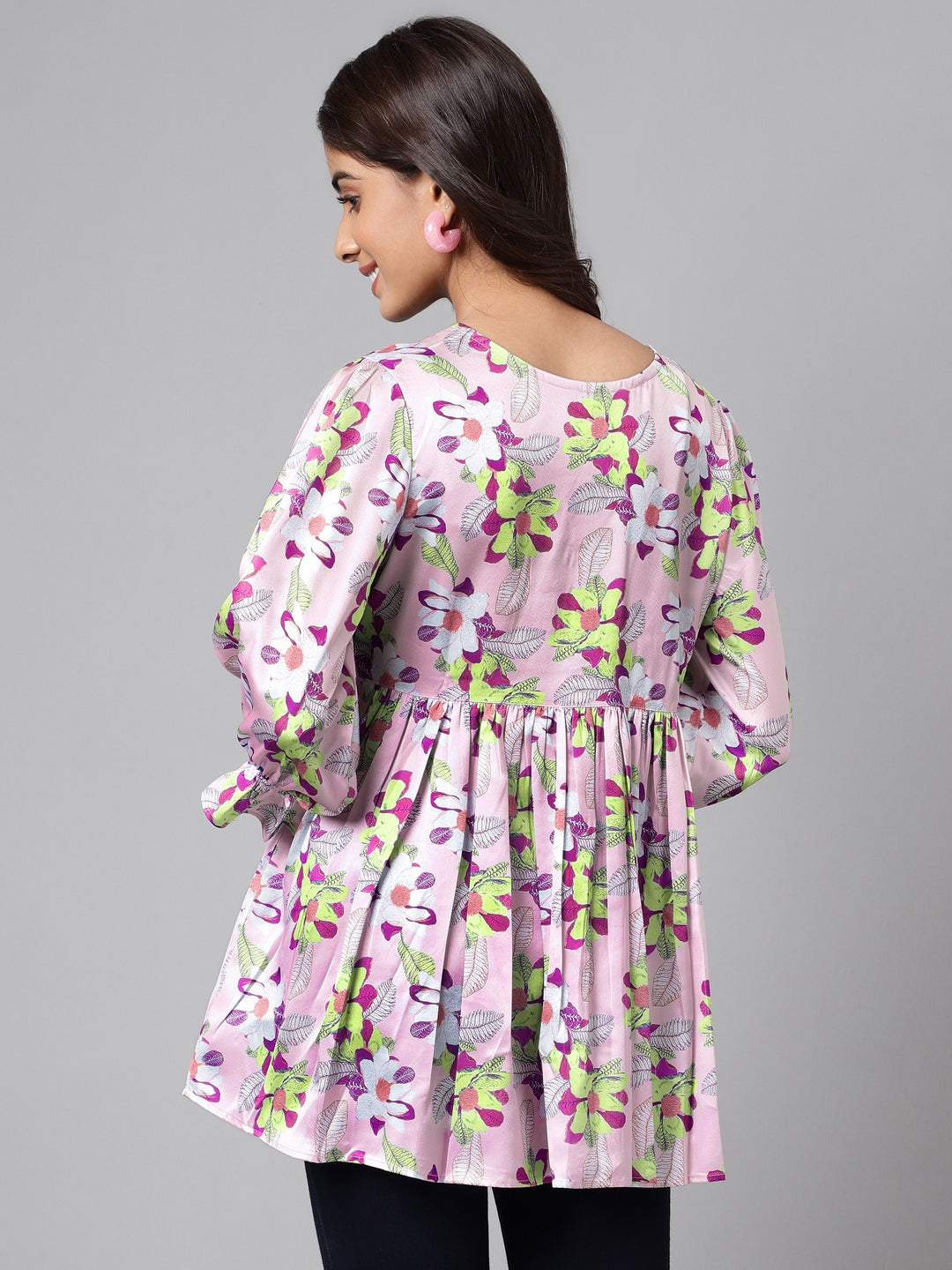 Janasya Women's Lavender Satin Digital Floral Printed Casual Flared Top