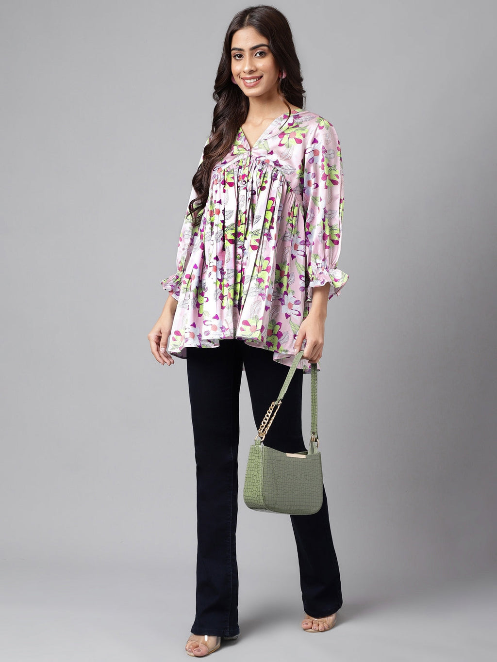 Janasya Women's Lavender Satin Digital Floral Printed Casual Flared Top