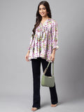 Janasya Women's Lavender Satin Digital Floral Printed Casual Flared Top