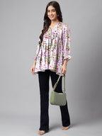 Janasya Women's Lavender Satin Digital Floral Printed Casual Flared Top