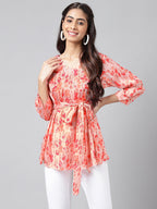 Janasya Women's Peach Satin Digital Floral Printed Casual A-Line Top