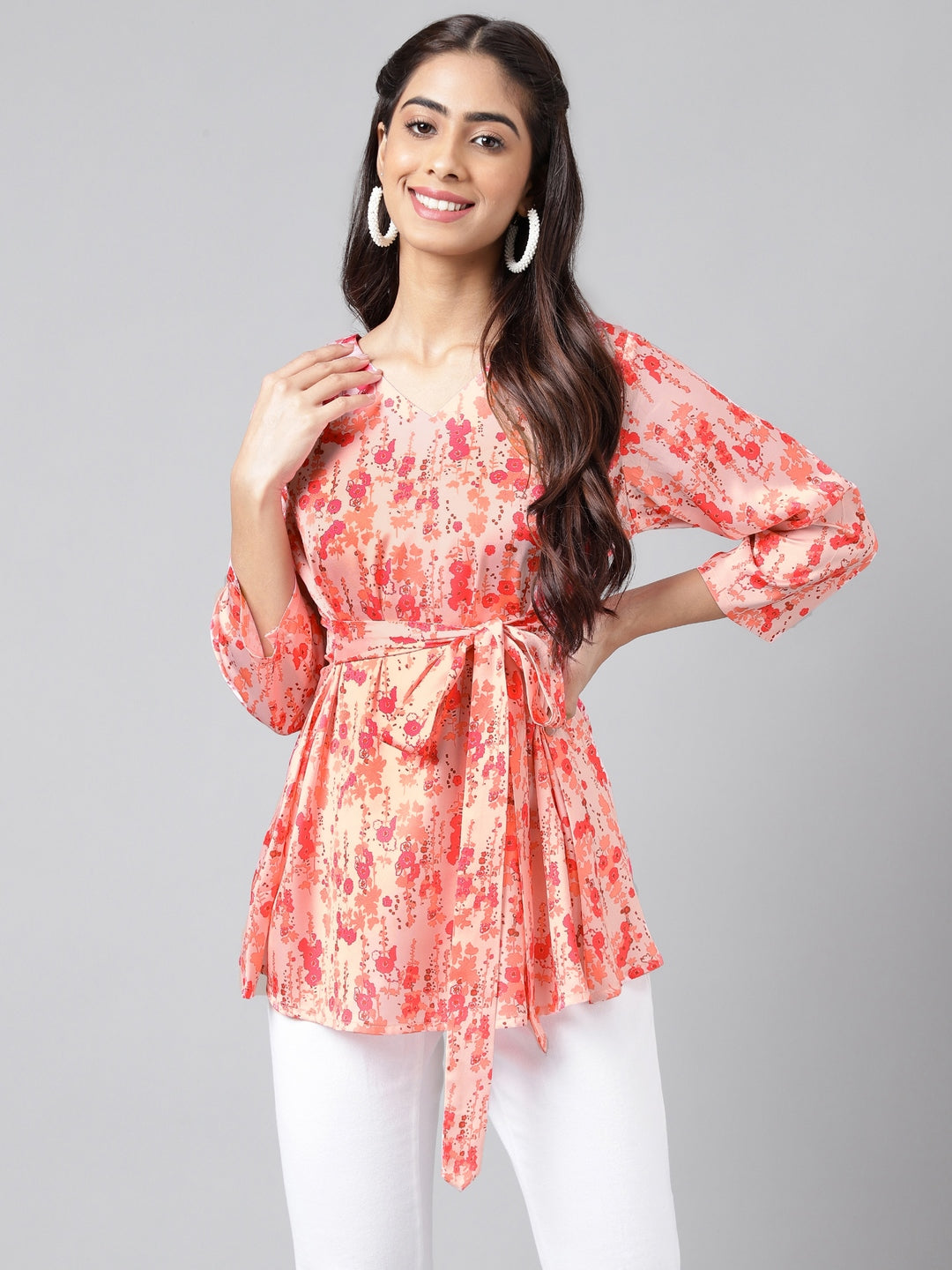 Janasya Women's Peach Satin Digital Floral Printed Casual A-Line Top