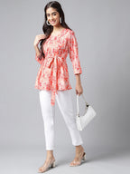 Janasya Women's Peach Satin Digital Floral Printed Casual A-Line Top