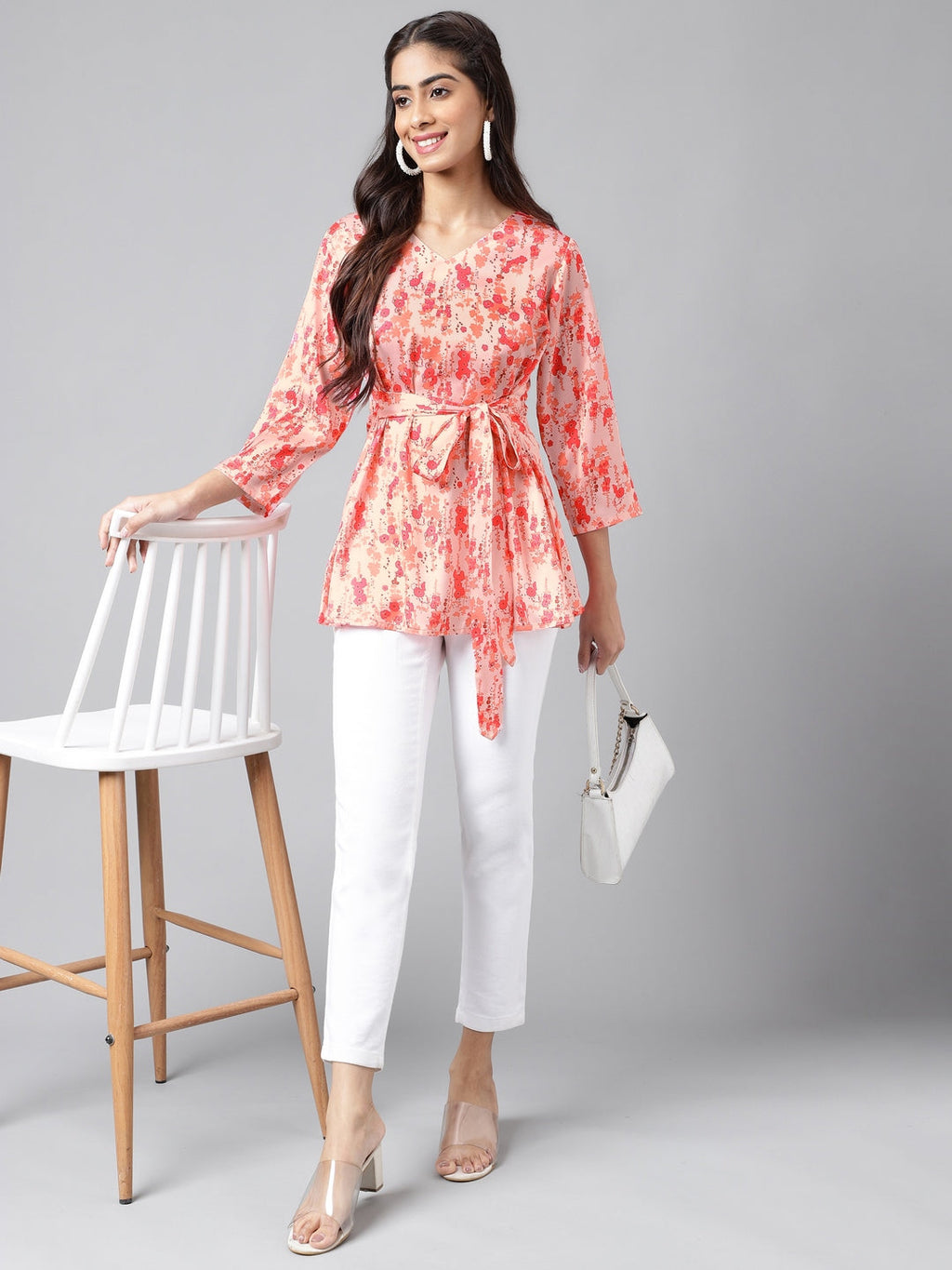 Janasya Women's Peach Satin Digital Floral Printed Casual A-Line Top