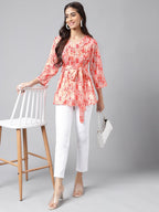 Janasya Women's Peach Satin Digital Floral Printed Casual A-Line Top