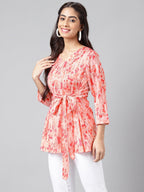 Janasya Women's Peach Satin Digital Floral Printed Casual A-Line Top