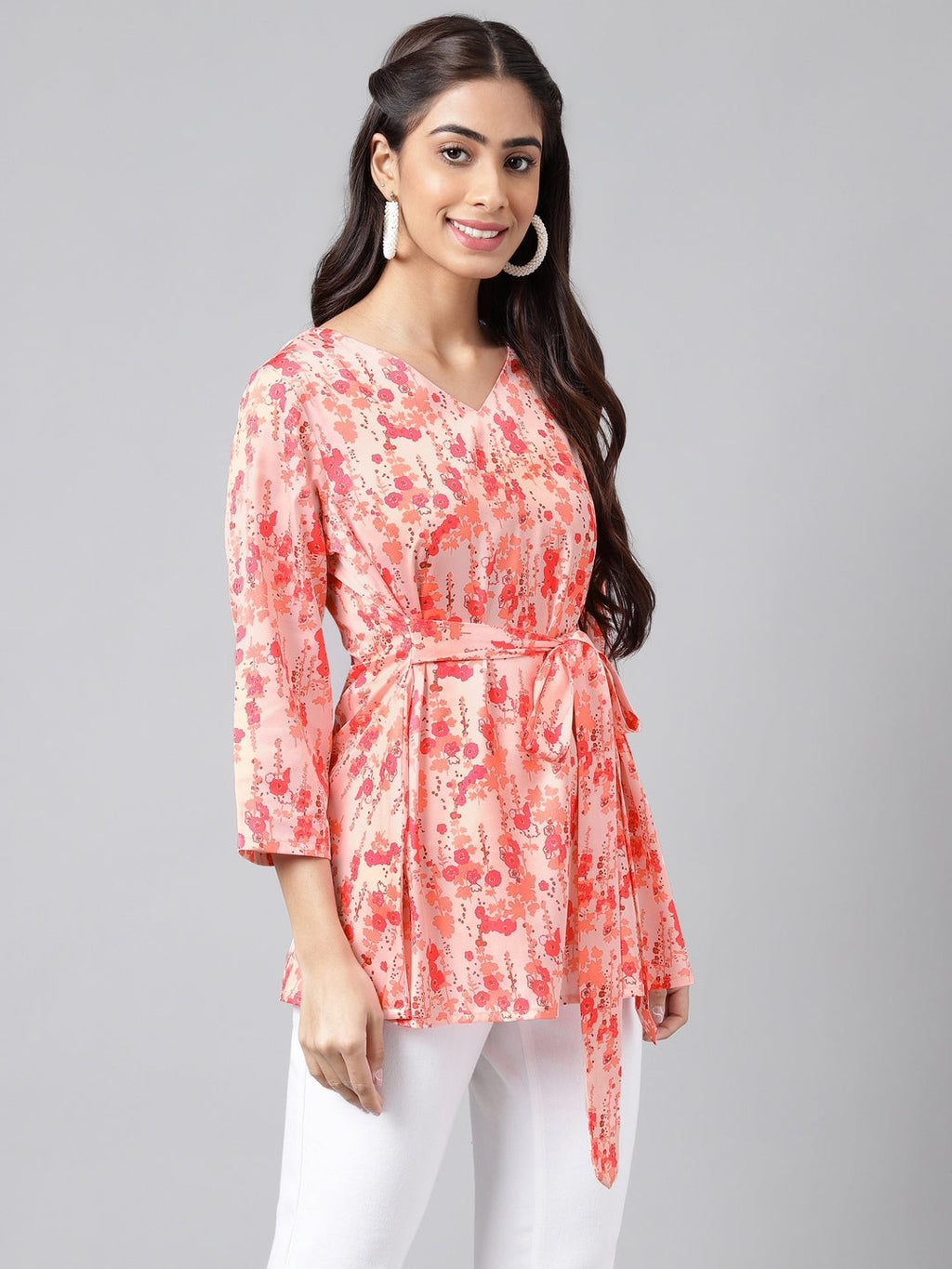 Janasya Women's Peach Satin Digital Floral Printed Casual A-Line Top