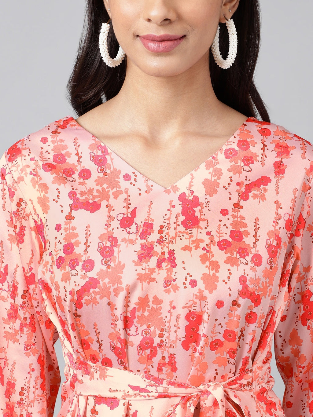Janasya Women's Peach Satin Digital Floral Printed Casual A-Line Top