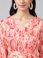 Janasya Women's Peach Satin Digital Floral Printed Casual A-Line Top