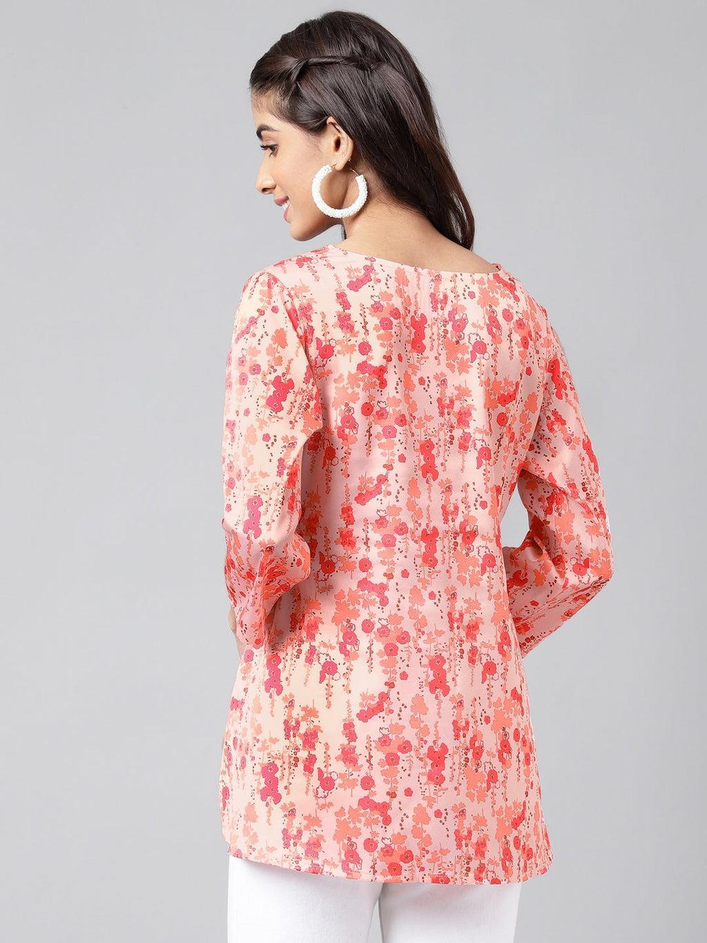 Janasya Women's Peach Satin Digital Floral Printed Casual A-Line Top