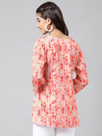 Janasya Women's Peach Satin Digital Floral Printed Casual A-Line Top