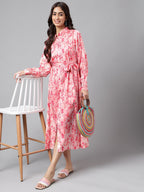 Janasya Women's Peach Satin Digital Floral Printed A-line Casual Dress - Distacart